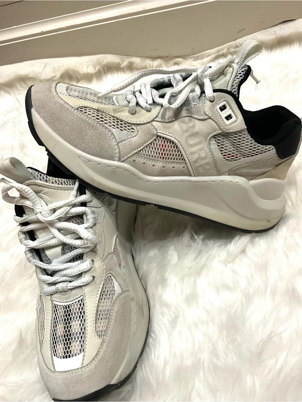 Women’s Burberry Logo Print Leather, Suede and Check Mesh Sneakers